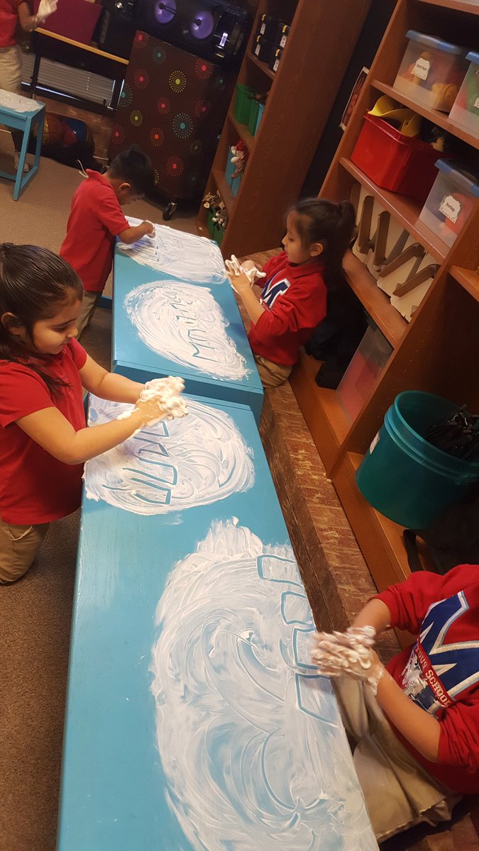 inroom412's tweet photo. Kindergarten MOMENTOUS students doing rhythm dictation using shaving cream....and the benches get a cleaning, too! #msoctx https://t.co/ijkxhK1AHZ