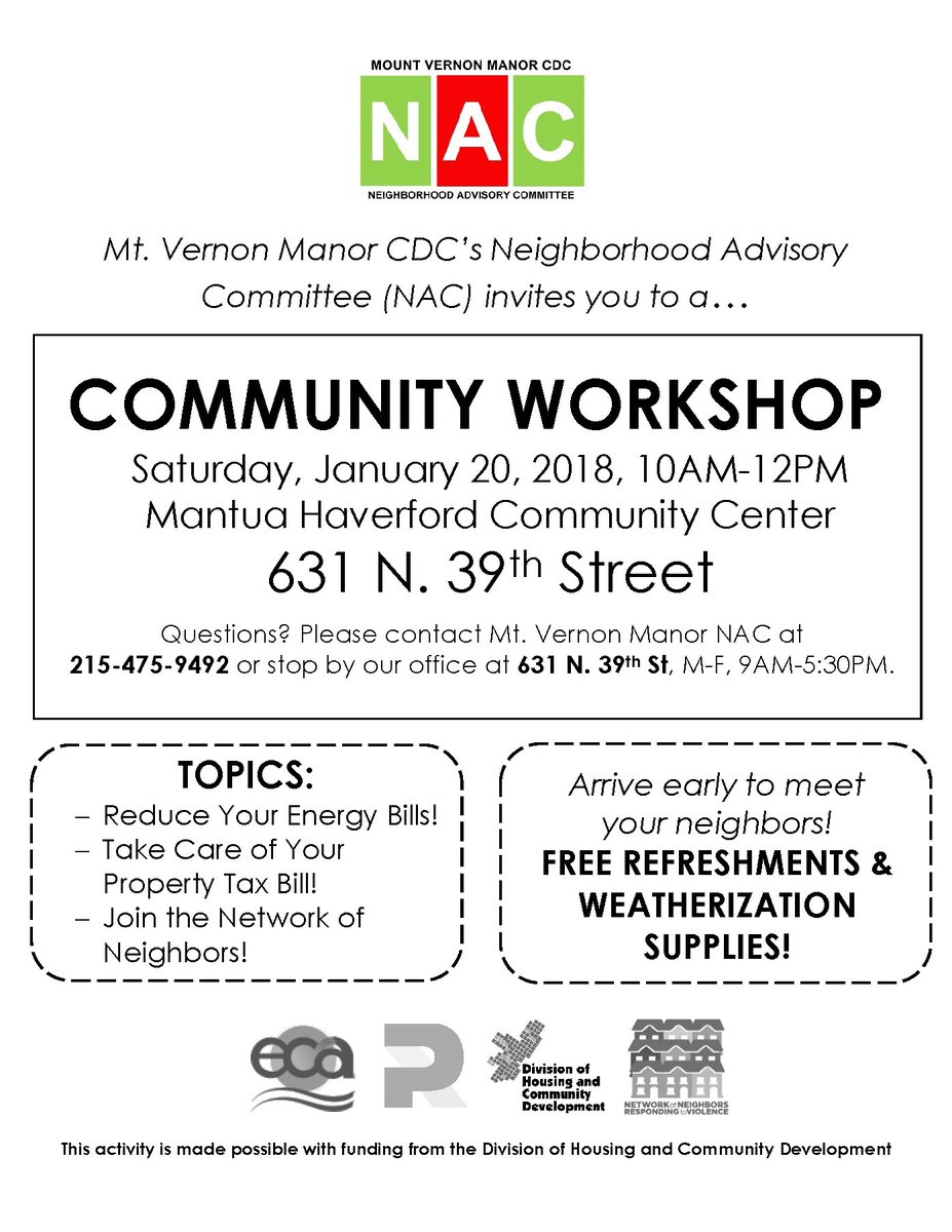 See you this Saturday, 1/20, for MVM's next Community Workshop on property taxes, lowering your energy bills, and joining the <a href="/PhilaNeighbNet/">Network of Neighbors</a>!
