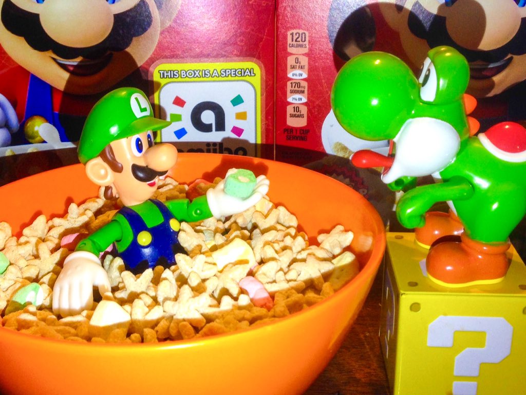 Nyleak's tweet image. Here Yoshi, we can hurry and eat all of the marshmallows before Mario gets back! 😜#SuperMarioCereal #Nintendo #ToyPhotography
