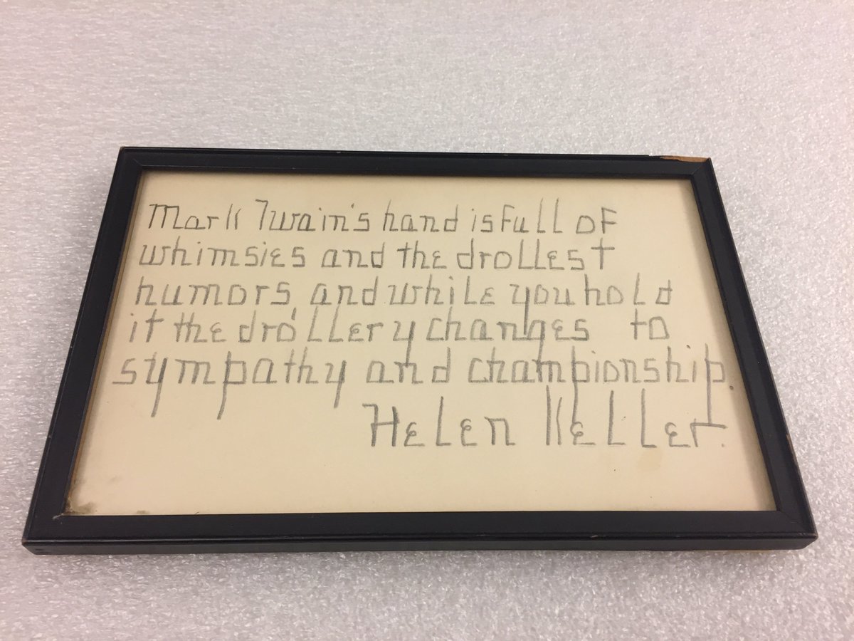 TwainHouse's tweet photo. Today in #TwainHistory, #MarkTwain hosted a small party for #HelenKeller at his house in Redding, CT in 1907. The two had been friends for several years. In 1932, Keller gave the #MarkTwainHouse (known as the Mark Twain Memorial then) this handwritten note about Twain. https://t.co/DbQn73HLxK