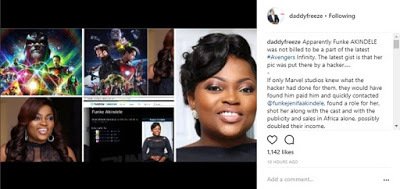 VOFNLiterature's tweet photo. VOFN Entertainment: Daddy Freeze, Tonto Dikeh React To Funke Akindele's Name Removal From Avengers The buzz of inclusion and removal of Nollywood actress, Funke Akindele to the cast list of yet to be released Marvel Studio's movie “Avengers: Infinity War… https://t.co/3kiX2lUXZS https://t.co/ETM6DVQJbN