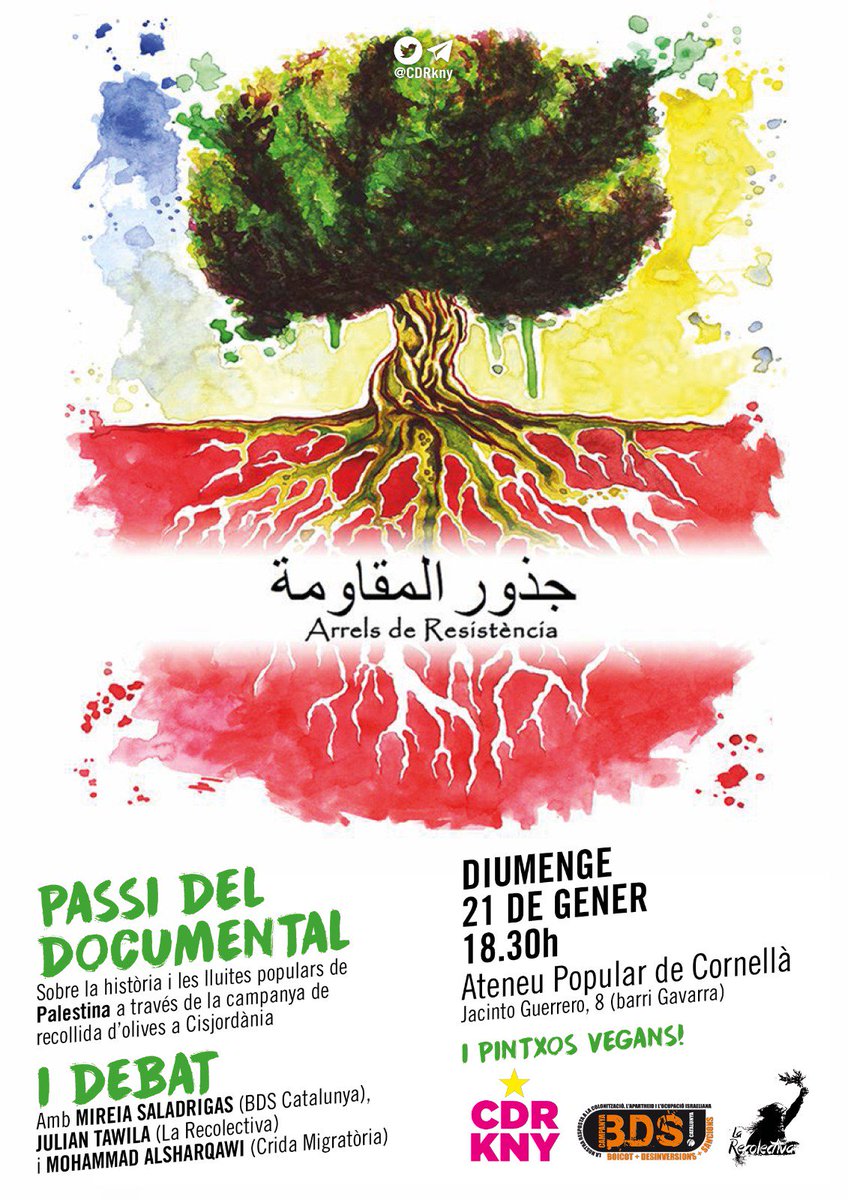 Aquest diumenge a les 18.30 jornada de solidaritat amb el poble palestí! Documental + debat 
Hi haurà pintxos!
[<a href="/ateneucornella/">Ateneu Popular KNY</a> ] C/ Jacinto Guerrero, 8.