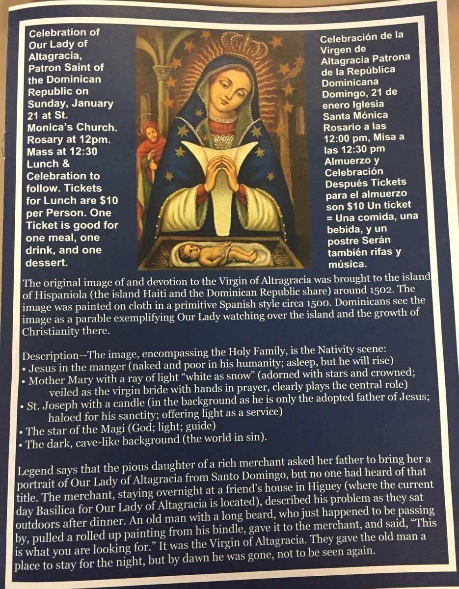 Sjpadmissions's tweet photo. ¡Celebremos! St. Monica Parish, South Boston @SBS_Catholic, invites you to  celebrate the feast of La Virgen de Altagracia, patrones of the Dominican Republic. Food and Music! Sunday, January 21, at 12:30pm. https://t.co/4Q62du8zL5