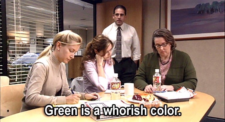 ccass__'s tweet photo. My boyfriend asked me to rewatch every season of #theoffice with him. He gave me a concerned look when I quoted “Green is whoreish.” https://t.co/c1o6A7LUVH