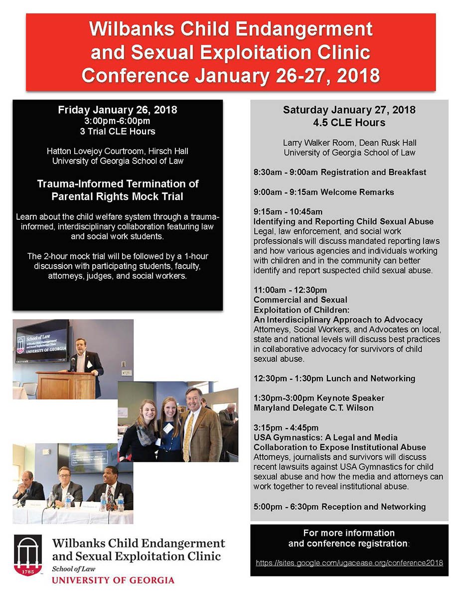 UGASchoolofLaw's tweet photo. Join @ugacease for their #interdisciplinary #lawconference on how to #preventchildabuse &amp; gain access to #justiceforsurvivors #cease #ugalaw Schedule &amp; Registration: https://t.co/XyhiwnWGjc https://t.co/Wnz9Ib3c42