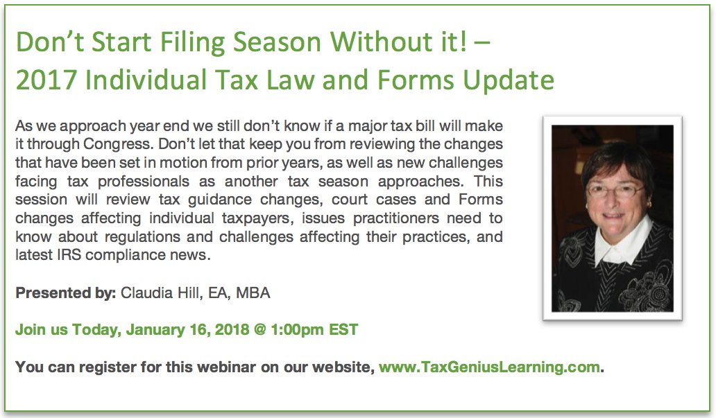taxgeniuslearn's tweet photo. Back by popular demand. Join Claudia Hill @TaxMam today at 1pm EST. 2017 Individual Tax Law &amp; Forms Update. https://t.co/gzEuAuseM3 https://t.co/TeMnlCcvyw