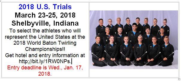 ustwirling's tweet photo. Reminder: The 2018 U.S. Trials entry deadline is TOMORROW, Wednesday, January 17, 2018. Get more information at https://t.co/XeDLX5Sp2W. #2018Trials #ustwirling #bestbatontwirlers #worldbaton2018 https://t.co/BFLkGhsXUn