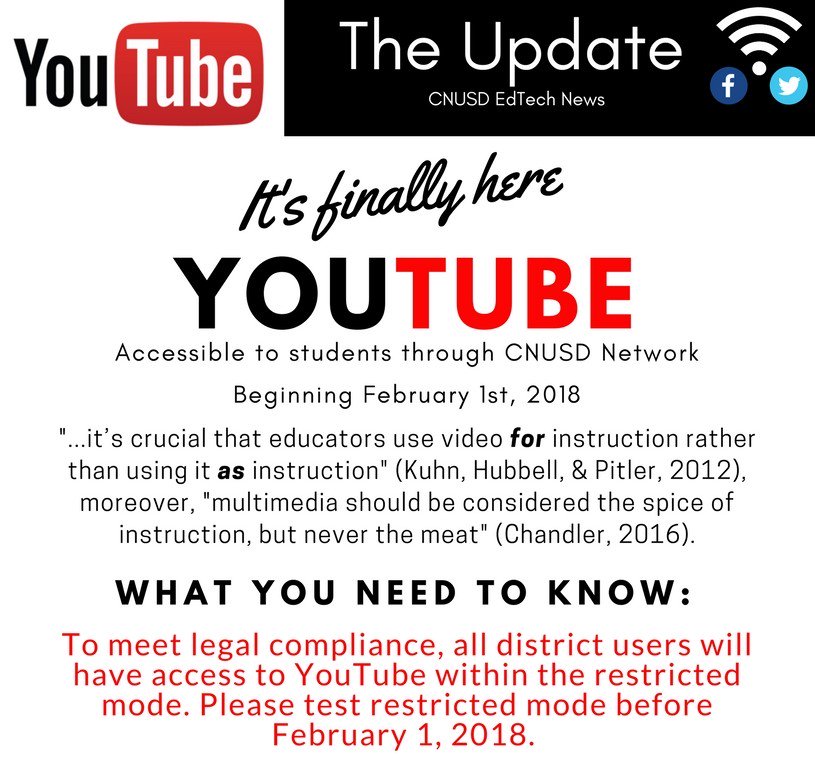 lcccarrillo's tweet photo. #cnusdteachers #cnusdedtech #braceyourself @cnusd @CNUSDTechBuzz  Don't forget we will be trasitioning over to restricted mode you only have two weeks left! Any questions please let me know! https://t.co/u7HRtvVaX3