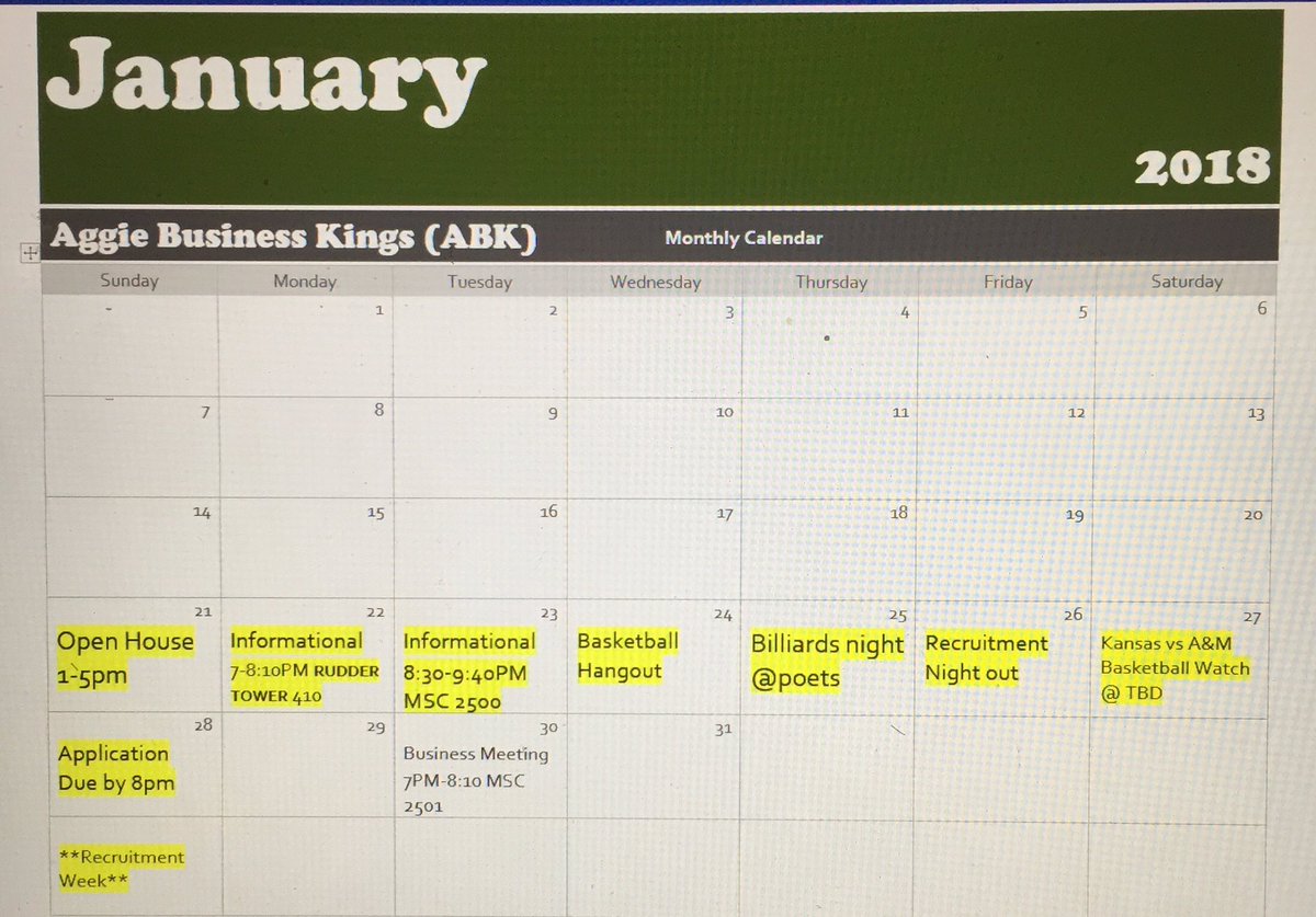 TAMUABK's tweet photo. Here is our January Calendar for Recruitment Week! Come join in and #BecomeAKing https://t.co/3Apdsg9v4P