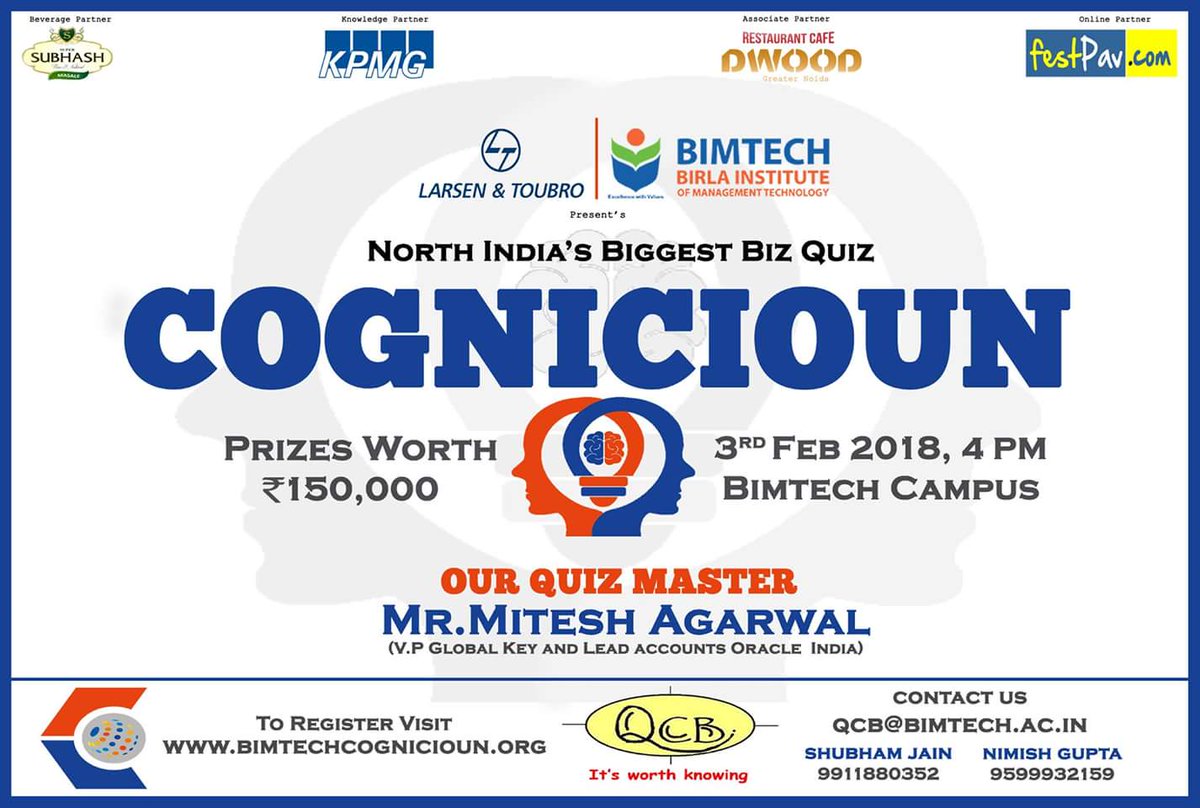 QcbBimtech's tweet photo. Catch the new teaser of Cognicioun18 at the link below
https://t.co/GddXl3EMrs
To participate,pls visit... https://t.co/kCX2mSIfn1
#sabsebadaQuizDin
#Cognicioun18
#3rdFeb2018
@BIMTECHNoida https://t.co/fildykrhxL