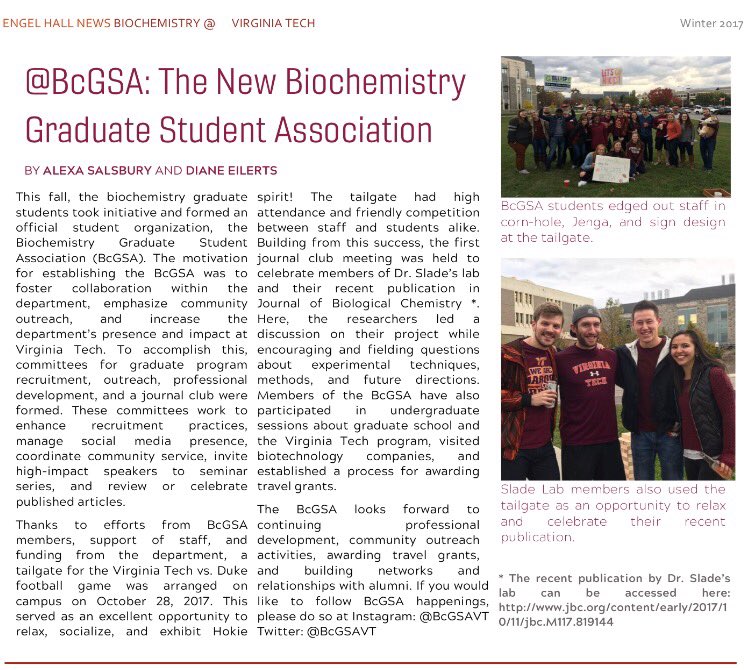 Happy first day, Hokies! The BcGSA had a productive fall and is looking forward to the spring semester. Future events include more journal clubs, awarding our first travel grants, and hosting prospective students!

Check out this summary of our accomplishments! 👇👇 #VTBcGSA