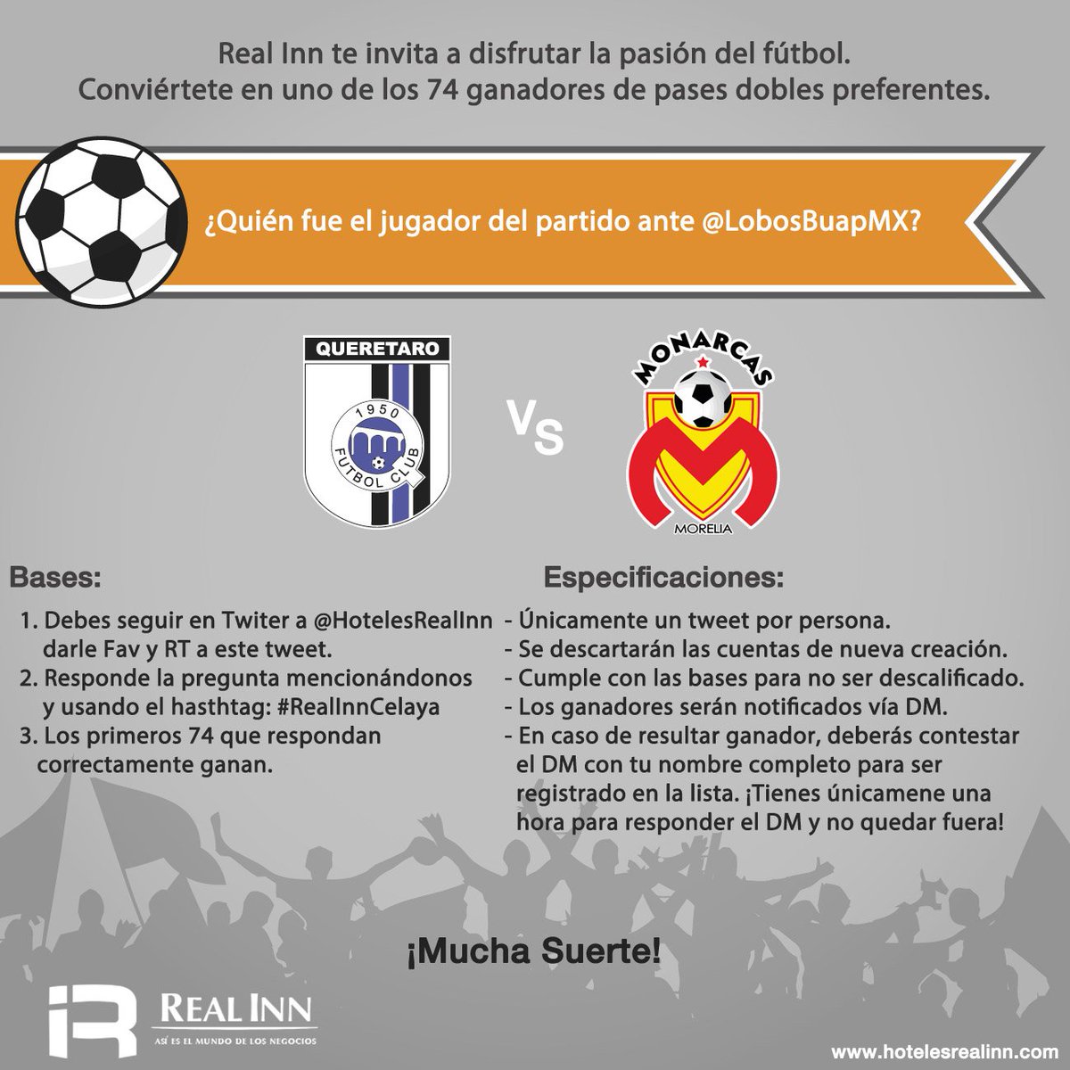 hotelesrealinn's tweet photo. Aquí la dinámica para @Club_Queretaro vs @FuerzaMonarca Tendrás que usar el hashtag #RealInnCelaya. Te invitamos a cumplir todas las reglas. https://t.co/ybmps7dTva