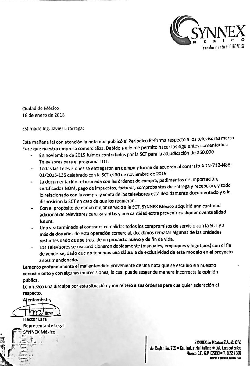 LizarragaMX's tweet photo. @Reforma La @SCT_mx adquirió 250 mil tvs de la empresa SYNNEX en Nov 2015 , el 100% fueron recibidas en Dic 2015 de acuerdo al contrato y entregadas a beneficiarios de Sedesol. Adjunto la explicación de la empresa referente a la nota #TransaTv Synnex de Reforma. https://t.co/opCJMLd6X8