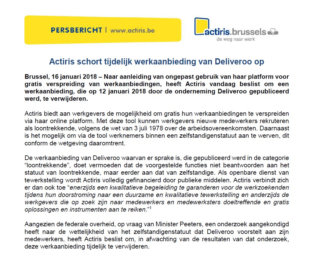 ActirisBrussels's tweet photo. Communiqué de presse : #Actiris suspend l’offre d’emploi de @Deliveroo.

Persbericht: #Actiris schort tijdelijk werkaanbieding van @Deliveroo op. https://t.co/8IJwswP8Kr