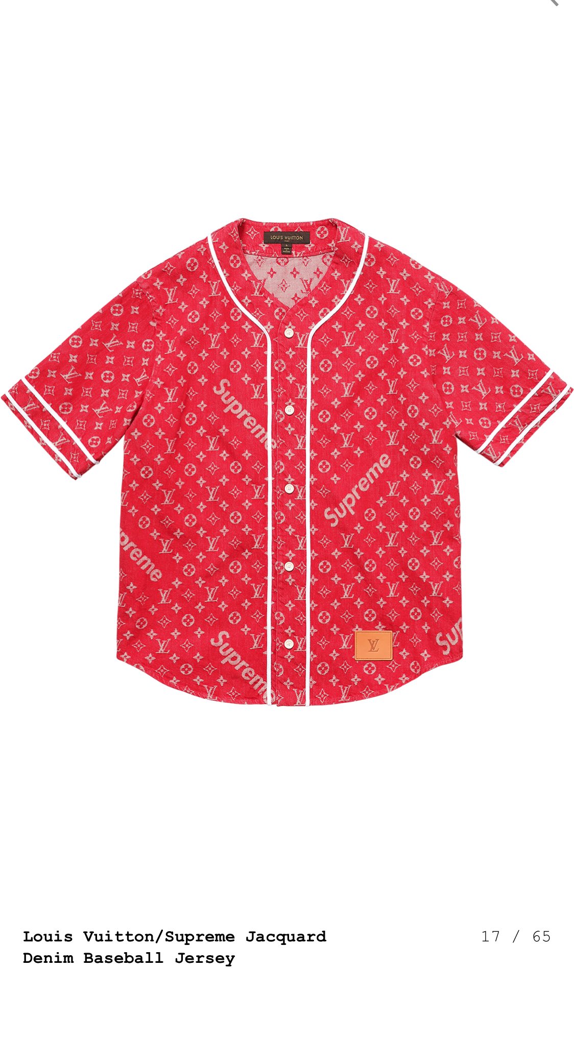 Supreme x Louis Vuitton Jacquard Denim Baseball Jersey Red