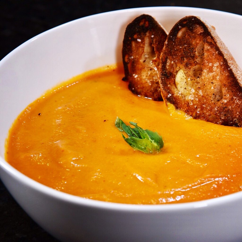 Tomato &amp; Basil soup, spiked with our Serrano &amp; Basil Hot Sauce. Perfect for cold weather. Recipe video coming soon. #TeamBravado