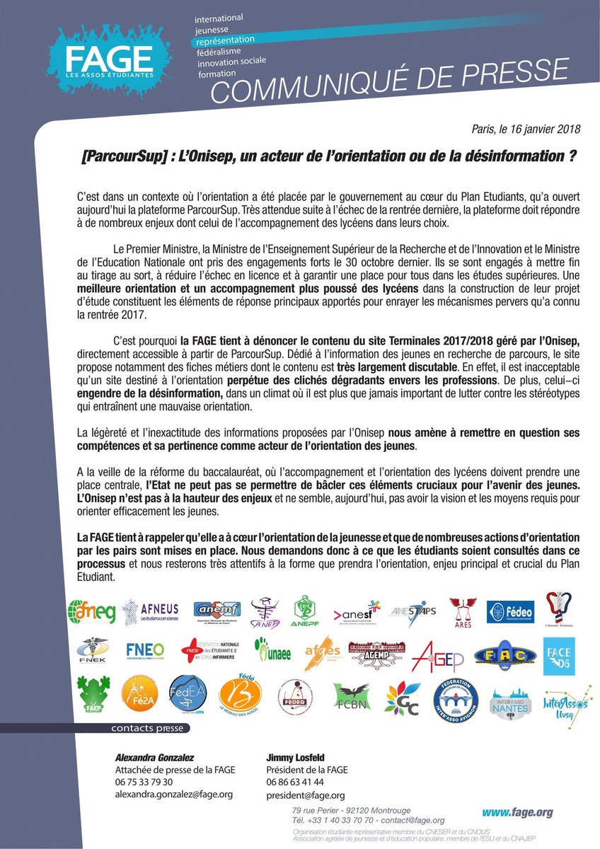 📢 "Réparer des machines à laver" "Organiser des fêtes". L'Onisep entretien des stéréotypes néfastes pour l'orientation des jeunes au travers de sa plateforme Terminale 2017-2018 ! 📢
La @fedeb29 et l'ensemble du réseau <a href="/La_FAGE/">FAGE</a> se mobilisent contre la désinformation !
