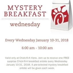 CFAw95's tweet photo. Join us tomorrow morning Wed Jan 17th for a FREE surprise breakfast entree, 6am-10am. Offer only redeemable upon request. One per person per visit. Whiles supplies last. #cfaviera #freemysterybreakfast😍🐔 https://t.co/TX9p9772Es