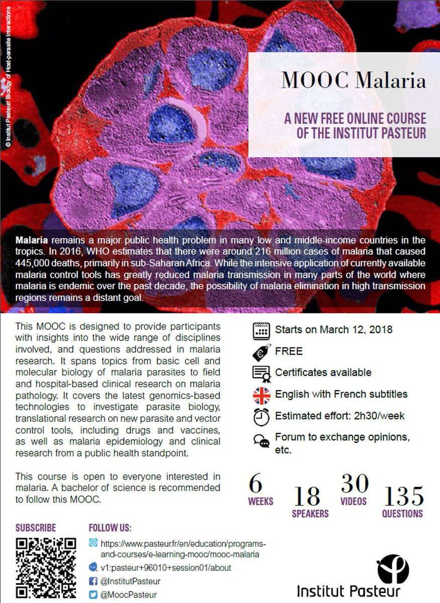 Want to learn more about Malaria? Check out Insitut Pasteur's FREE #MOOC (online course) at fun-mooc.fr/courses/course… @MoocPasteur #MALARIA