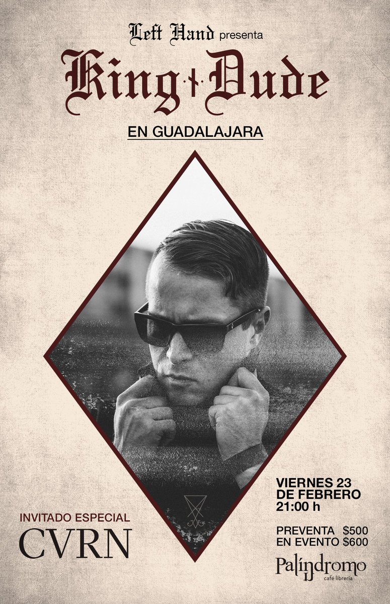 thecoffesession's tweet photo. Folk obscuro, para almas obscuras.
#KingDude se presentará el próximo 23 de febrero en @Palindromocafe acompañados de #CVRN como invitados especiales.
La preventa empeza mañana desde $500 devaluados pesos. https://t.co/F0uF1vCnws