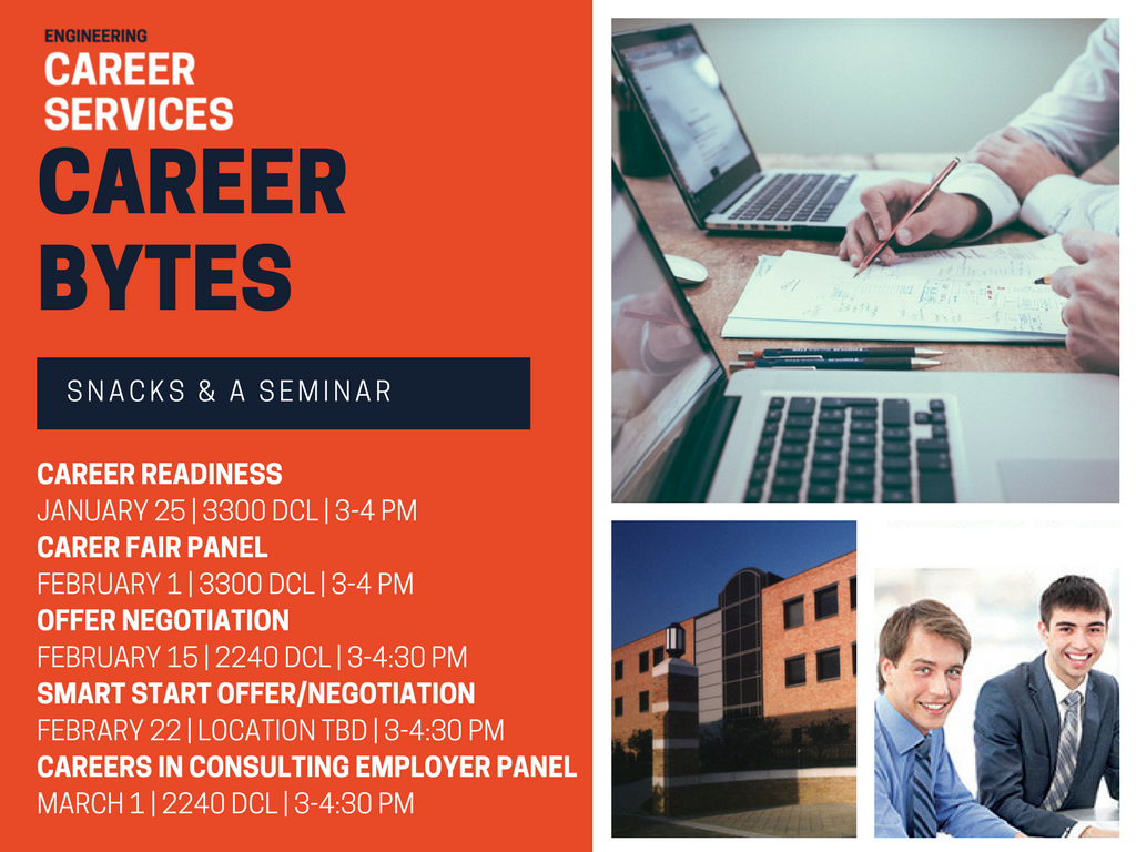 ECSillinois's tweet photo. Welcome back to campus, #ENGRIllini! ECS would like to invite you to all of our exciting events this semester! Check out all of our events on Handshake, especially our new Career Bytes series. Today is also the day drop in advising resumes after winter break! https://t.co/LCIhbg1j9N