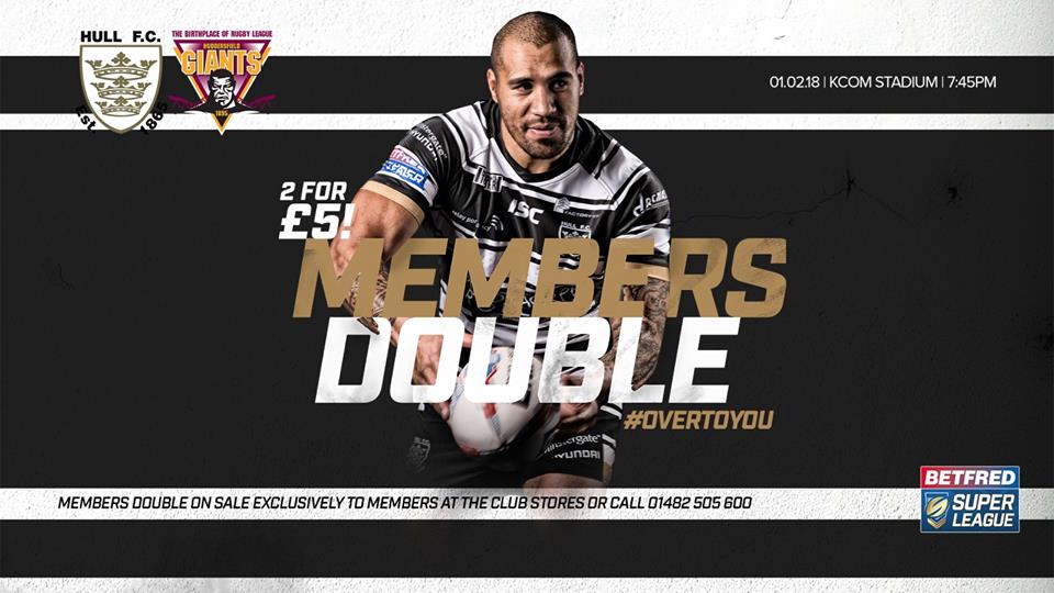 hullfcofficial's tweet photo. Send us a photo of their tickets and tag the two friends you're bringing to our season opener against Huddersfield Giantsโ with your Members Double tickets using #Over2You and we'll have some great prizes up for grabs every day! https://t.co/eCk17I855A
