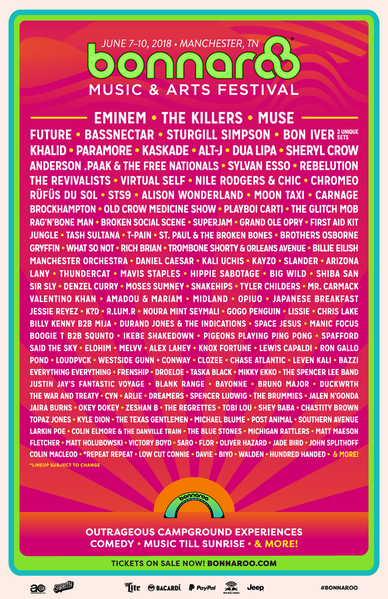 Bonnaroo's tweet photo. SHARE TO WIN 2 TICKETS 🎟: Share this lineup on Twitter or Instagram with BOTH the hashtags #Bonnaroo &amp; #ShareToWin and tell us who you’re most excited to see! It’s that simple. (Winner chosen Friday 1/19!)
Tickets &amp; Info: https://t.co/VvdWl6hqxd https://t.co/G8AnwjIX2y