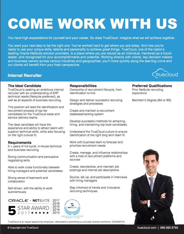 TrueCloud's tweet photo. TrueCloud is seeking an ambitious, in-house recruiter with an understanding of ERP (NetSuite preferred) technical needs and all aspects of business recruiting for its Tempe, Arizona office. TrueCloud is a NetSuite Solution Provider. Visit https://t.co/Pe5Dv0Ngm3 https://t.co/a3sm5rNz6j