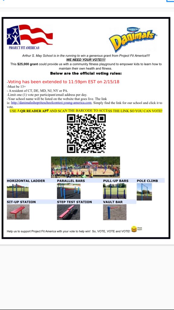 Voting for the PFA Fitness Playground has been extended into February! Please vote daily and help bring this unique physical activity opportunity to ASM! Tell your friends! Tell your friends!