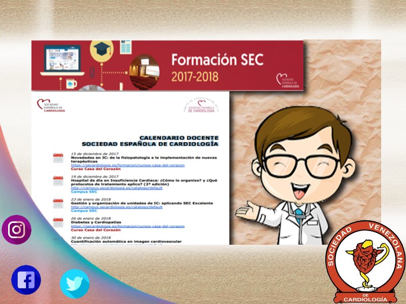 CardiologiaSVC's tweet photo. #3Cinforma sobre #CursoSEC Formación SEC 2017-2018 - Calendario Docente Sociedad Español de Cardiología", leer mas >>https://t.co/INLKUTGaBD #CursoOnline #SVC2018 #SVC #Cardiologia https://t.co/1kuEbFcRWF