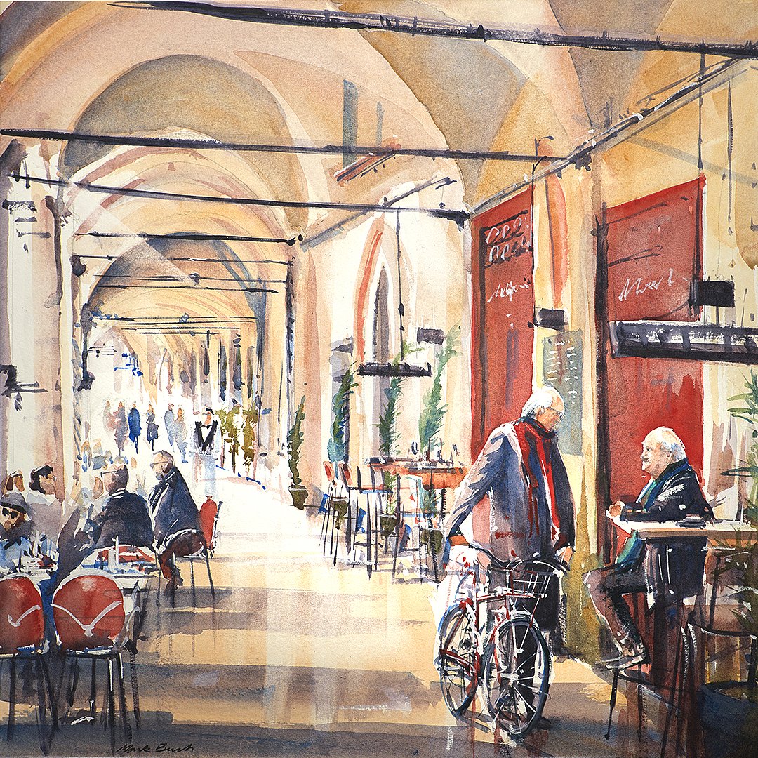 markbuck's tweet photo. I walked down this portico in Bologna and saw these two chaps deep in conversation. They saw me take out my camera, smiled and immediately returned to their conversation. 
Painted on Saunders Waterford paper with Daniel Smith paints. 
#Bologna #Watercolour #porticos #cafe https://t.co/t1zp1YgQVN
