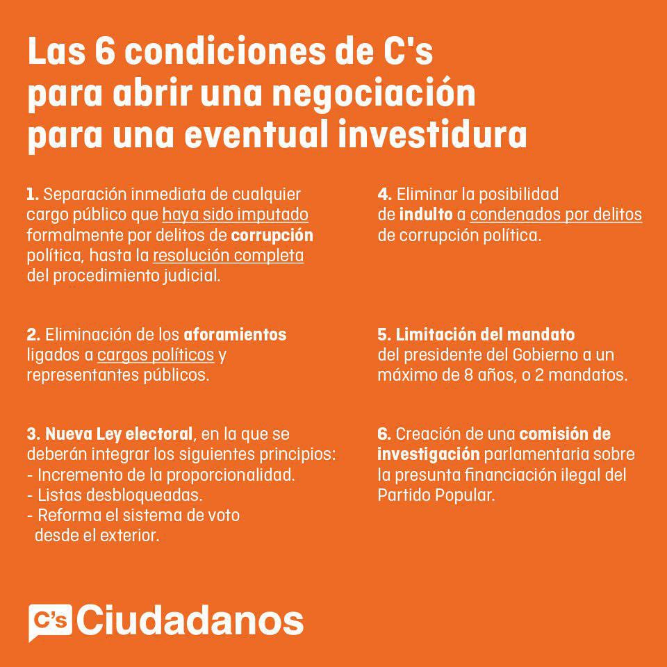 Seguro que ya os habéis olvidado de esto.

No han hecho cumplir ni 1 de los 6 puntos "imprescindibles" porque son lo mismo que el PP. Verlo es tu responsabilidad.