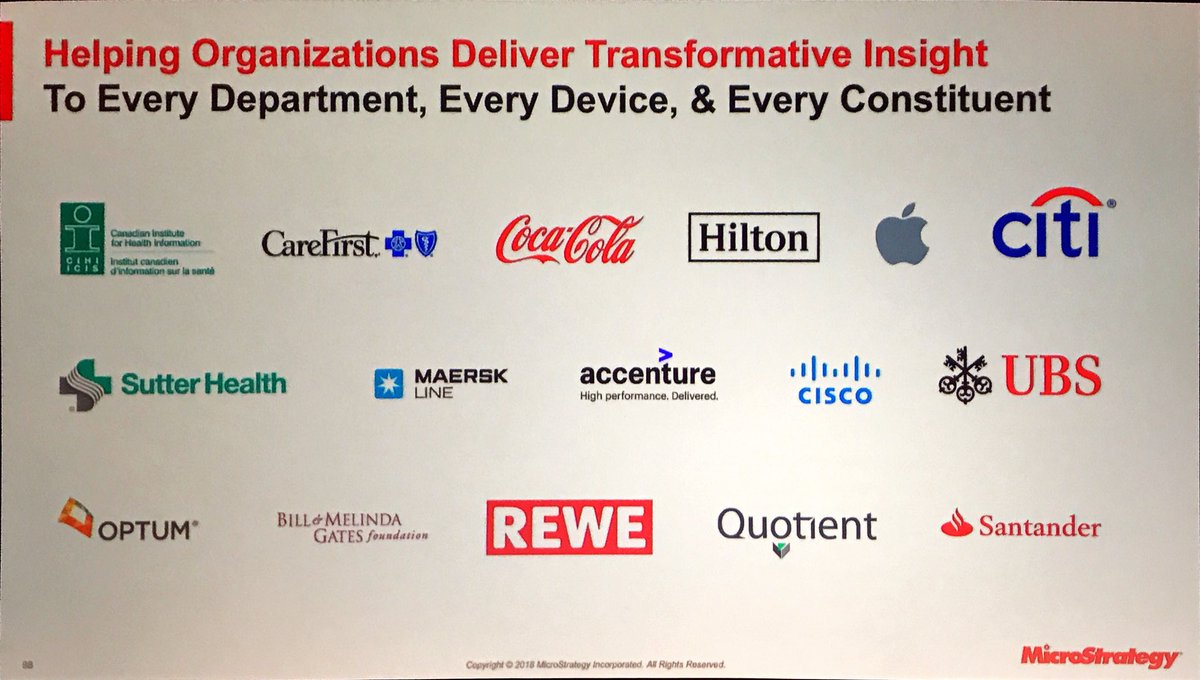 DHenschen's tweet photo. There’s no doubt that @MicroStrategy has an impressive list of customers that are delivering intelligence across their enterprises. It’s about delivering insight at scale with performance and industry-leading mobile capabilities #analytics18 https://t.co/PTZwK7yGxU