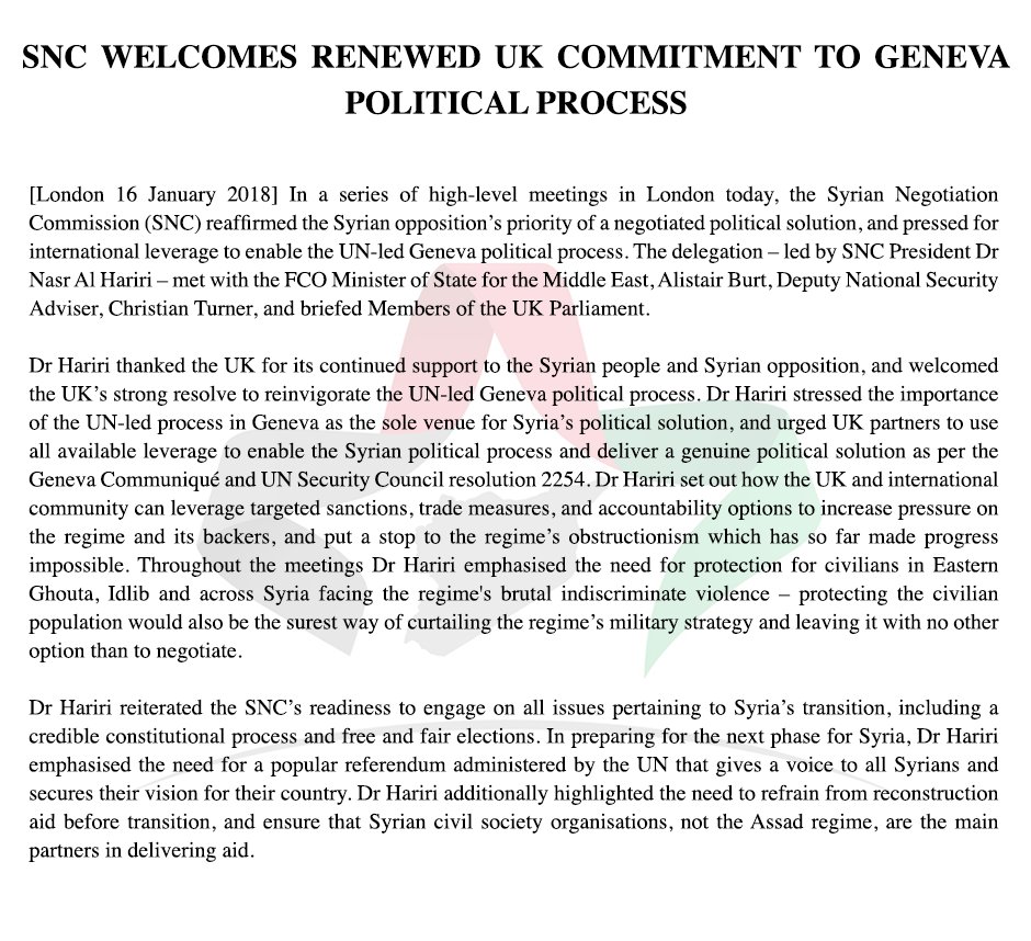 SyrianHNC_en's tweet photo. Head of SNC @Nasr_Hariri reaffirms importance of credible #Syria political solution and welcomes #UK's commitment to #GenevaTalks. Now more than ever - real leverage is needed to revive the UN-led political process. https://t.co/cg5eoiNOCt