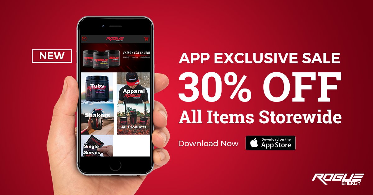 TheRogueEnergy's tweet photo. App-Exclusive Sale on the #RogueEnergyApp for iOS.
30% OFF All Items Storewide!
⬇️Download Here for VIP Experience https://t.co/CU1vDjfS62 ⬇️
@HyperRTs @NightRTs @TwitchRetweetr @AlienRTs @CalzhyRTs https://t.co/n0mOoJVYWI