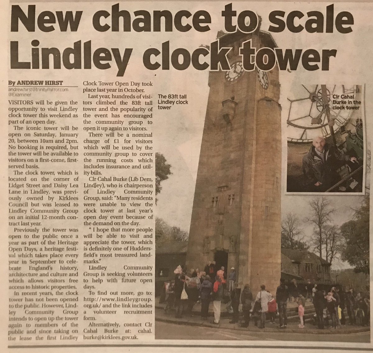 CahalBurke's tweet photo. New chance to scale Lindley Clock Tower. Lindley Clock Tower Open Day, Saturday 20th January, 10am - 2pm, organised by @LindleyHD3 #Lindley #LindleyClockTower https://t.co/ul3RyWvMhV