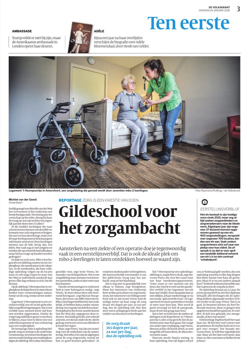 De <a href="/volkskrant/">de Volkskrant</a> schrijft vandaag over een vernieuwend initiatief in Amersfoort. In plaats van tien weken stage, volgen MBO-2 studenten twee jaar lang hun opleiding in een verpleeghuis. De resultaten zijn indrukwekkend. Mede dankzij <a href="/Zorgpact/">Zorgpact</a> dat 'ruimte' zocht in regelgeving.