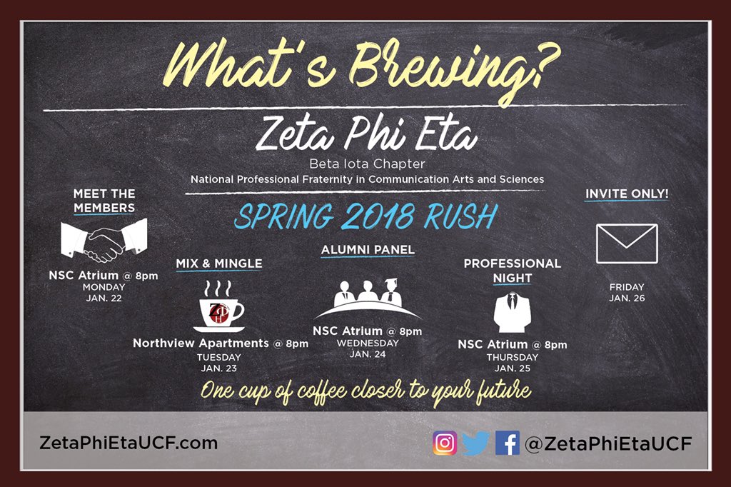ZetaPhiEtaUCF's tweet image. Whoo! It’s our favorite time of the semester! We’re so excited to announce our Spring 2018 Rush dates! We can’t wait to see everyone next week! 
#ZetaPhiEta #UCF #Rush