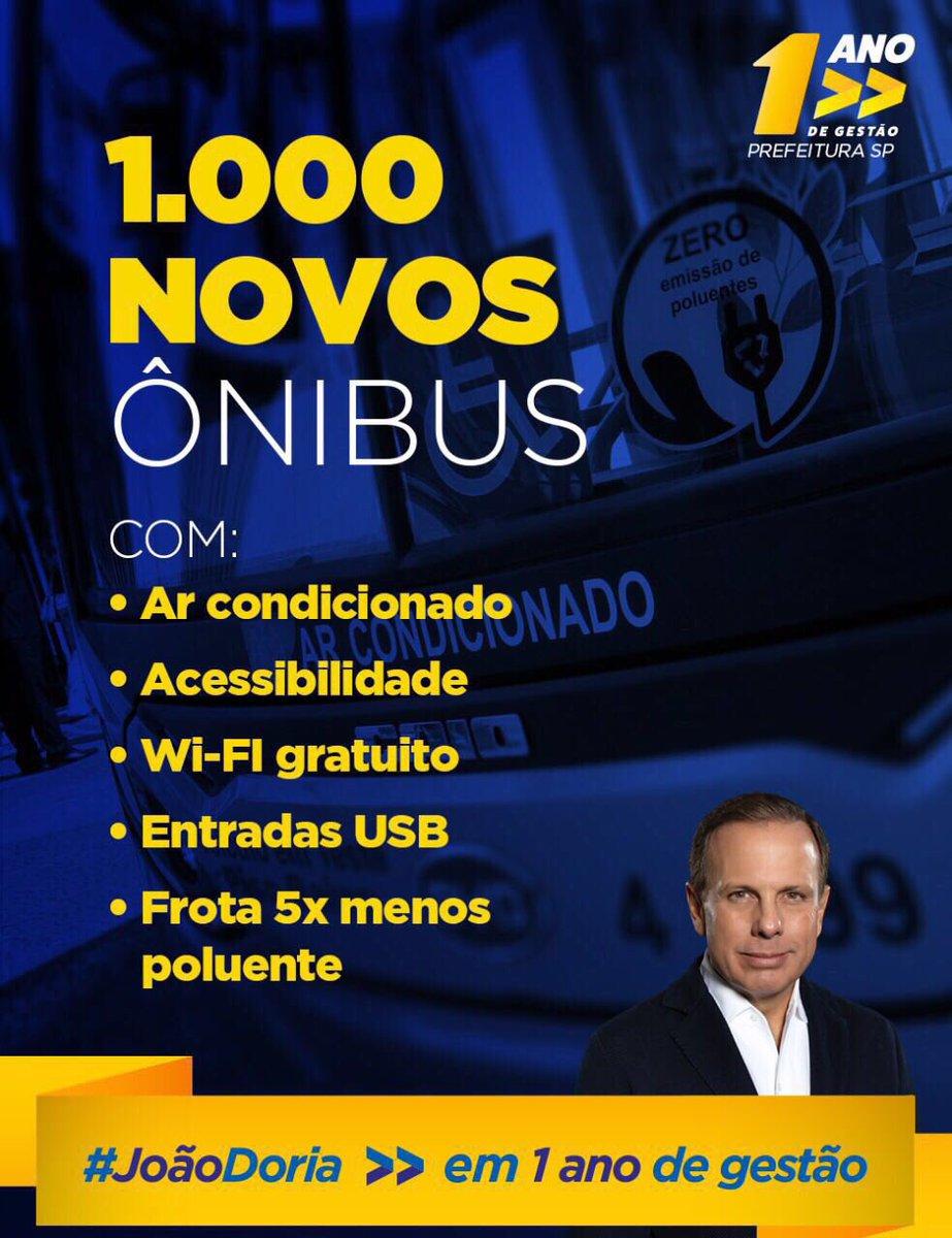 Investir no transporte público é cuidar da qualidade de vida das pessoas. Durante a campanha, prometi que iríamos investir na renovação da frota de ônibus da capital e assim estamos fazendo. #AceleraSP #JoãoTrabalhador
