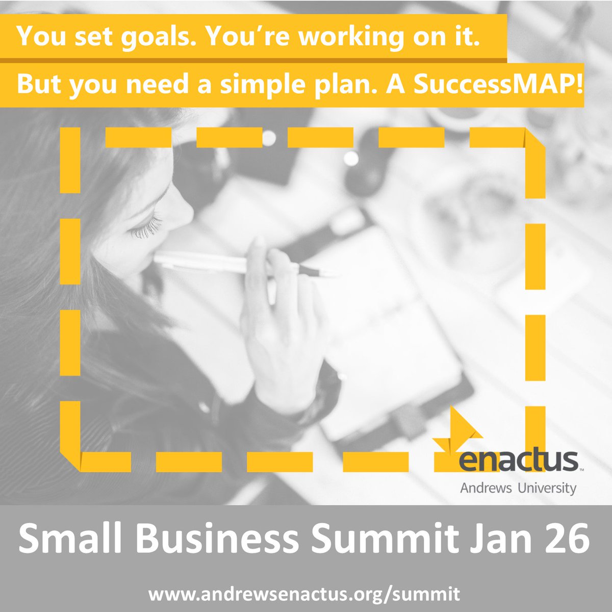 EnactusAndrews's tweet photo. You set goals. You're working on it. But you need a simple plan. A SuccessMAP! Dr. Kimberly Pichot will help you create a power-packed one-page strategic marketing action plan in 1.5 hours. Join us! https://t.co/mPMngJahlK