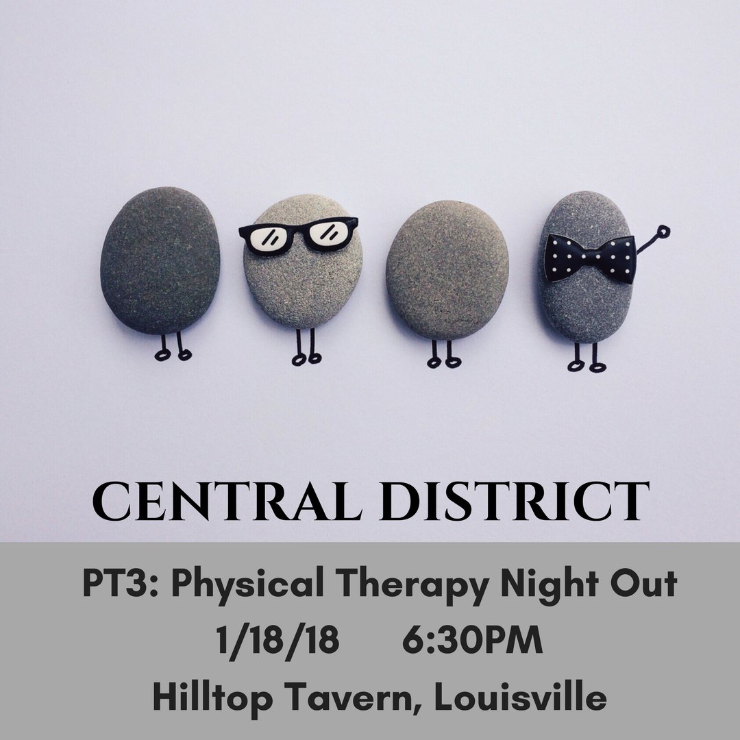 PT3KPTA's tweet photo. KPTA's Central District will host a PT3 2018 Kick-Off on 1/18 at 6:30PM at Hilltop Tavern in Louisville. Appetizers &amp; door prizes provided. Information will be provided on current PT issues, upcoming events &amp; more. https://t.co/SknRZtp8gd @KORTPT @KyPTPubNight @resultsphysio https://t.co/FZq6X3REO9