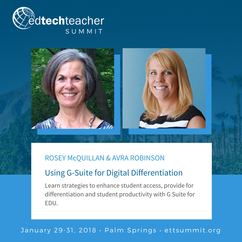 We have an awesome new video series out on using differentiation with G Suite in the classroom! <a href="/AvraRachel/">Avra Robinson</a> and <a href="/romcquill/">Rosey McQuillan</a> are terrific in these four videos! Check them out here and again at the #ettsummit! buff.ly/2D6XDUu