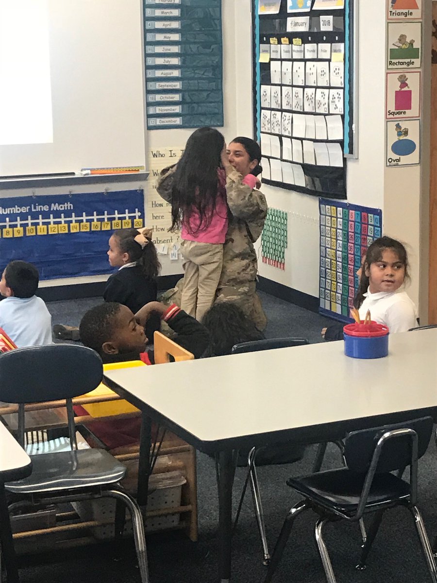 ArlingtonISD's tweet photo. It was a great afternoon @BlantonES as @ArlingtonHigh graduate Araeli Flores was able to surprise her daughter Aubrey in kindergarten after being deployed in Bahrain since last April. https://t.co/y0aobTKxJX