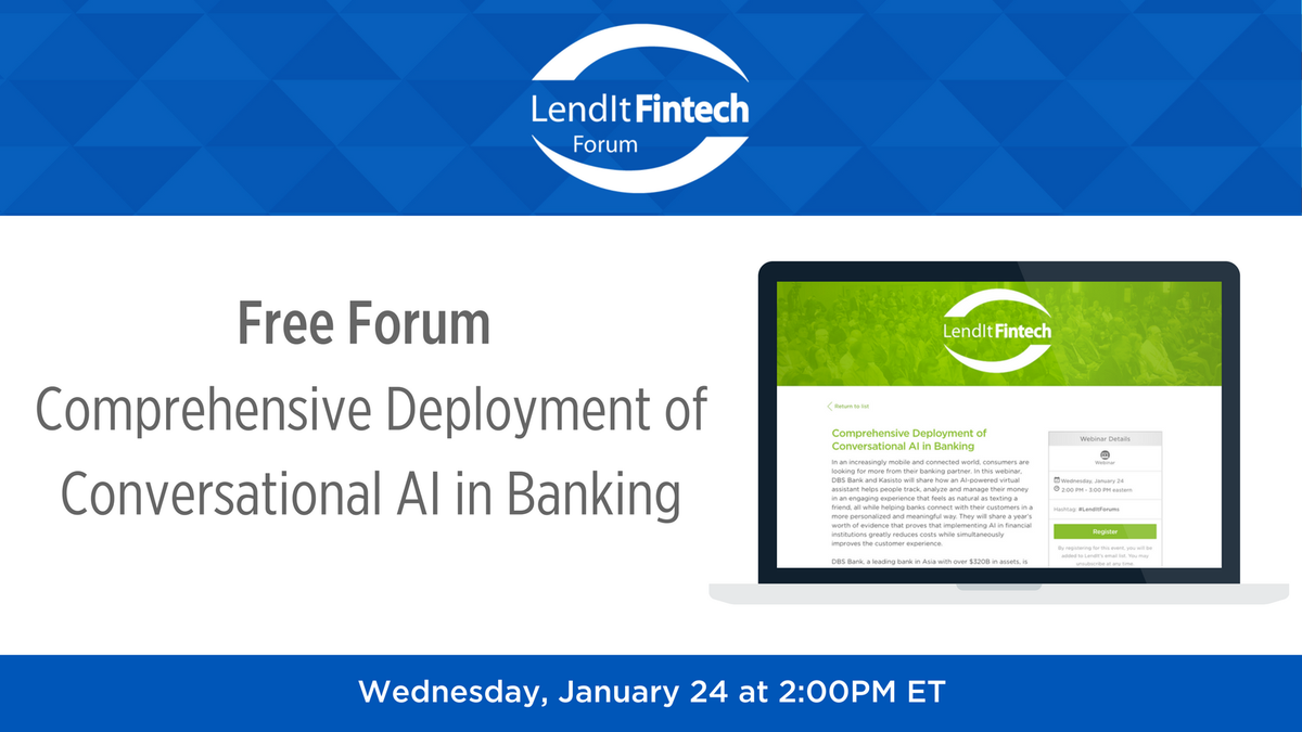 Fintechnexus's tweet photo. Join us next Wednesday 1/24 for our first #LendItForums of 2018! @dbsbank and @kasistoinc will share how implementing #AI chatbots in financial institutions reduces costs and improves customer experience. Reserve your seat: https://t.co/Ih8MTwXvqQ https://t.co/AGvFXSJvI3