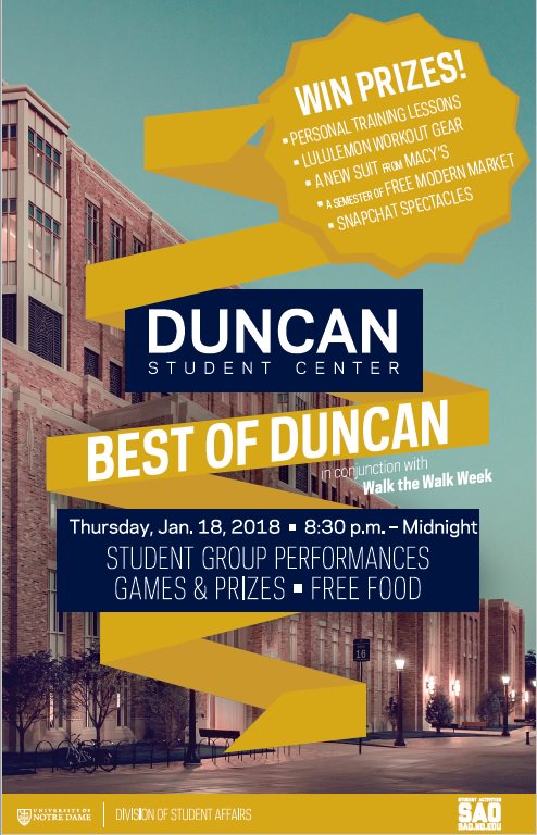 Students! Be sure to join us this Thursday, Jan. 18, for Best of Duncan from 8:30 p.m. to midnight! Prizes include Snapchat Spectacles, a new suit from Macy's, personal training lessons and more!