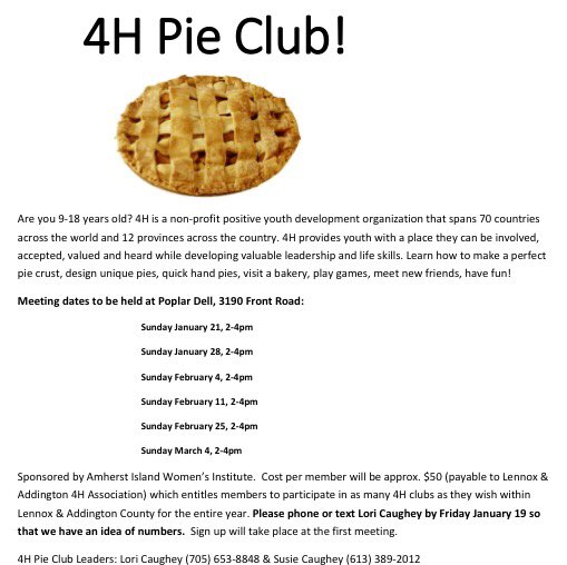 LoriCaughey's tweet photo. Calling all 4Hers! #AmherstIsland #4H #PieClub #opportunities #lifeskills #pies Sign up details👇 https://t.co/YsORnJO56S