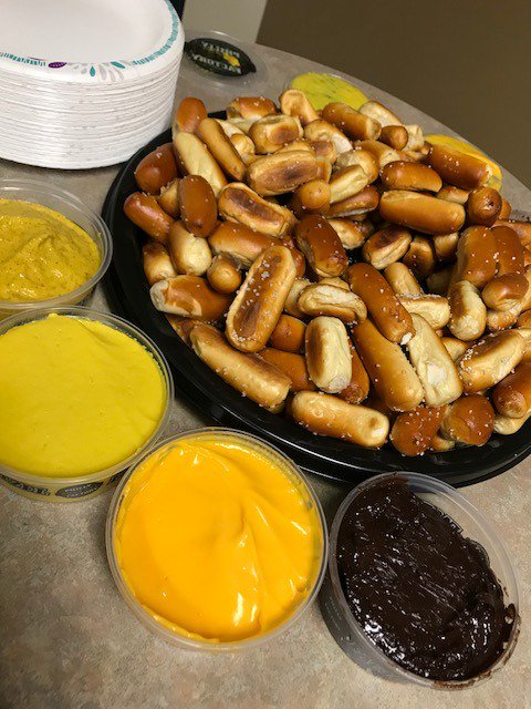 OMSconference's tweet photo. This month, PV switched up the January birthday treats. We had @PPFpretzels with different sauces for dipping. π #PentaVisionAtWork https://t.co/sxV6y57scG