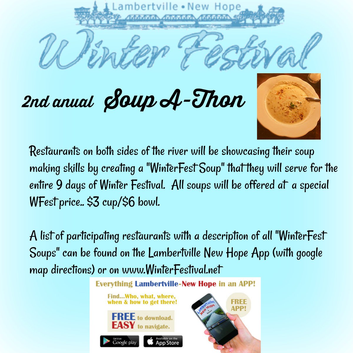 LNHWinterFest's tweet photo. Who loves soup?? @LNHWinterFest is featuring its 2nd annual Soup A Thon! 
9 days of our 2 River Towns BEST soups. #SoupsOn @VisitBucksPA @njdotcom @NJFoodGroup @visitnj @FOX29philly @JIntersimone @NJMonthly #food #Soup #Winter #ItsCold https://t.co/TeeDTbnvqy