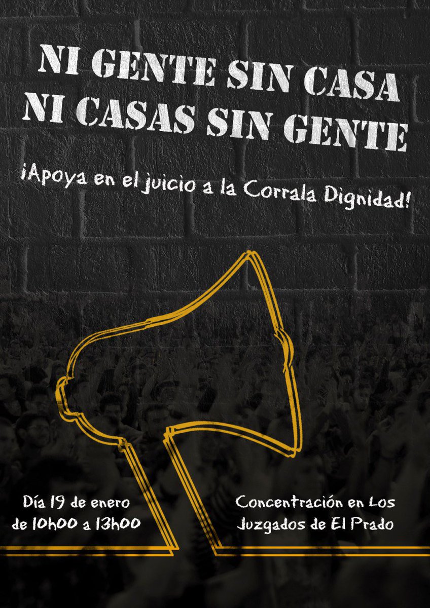 ¡¡Apoya en el Juicio a La #CorralaDignidad!!

#NiGenteSinCasaNiCasasSinGente

Concentración en los Juzgados de el Prado, Viernes 19 Enero 2018, de 10h a 13h

#PSH #PSHAccion #PersonasSinHogar #DerechoATecho #ViviendaDigna #DerechoALaVivienda