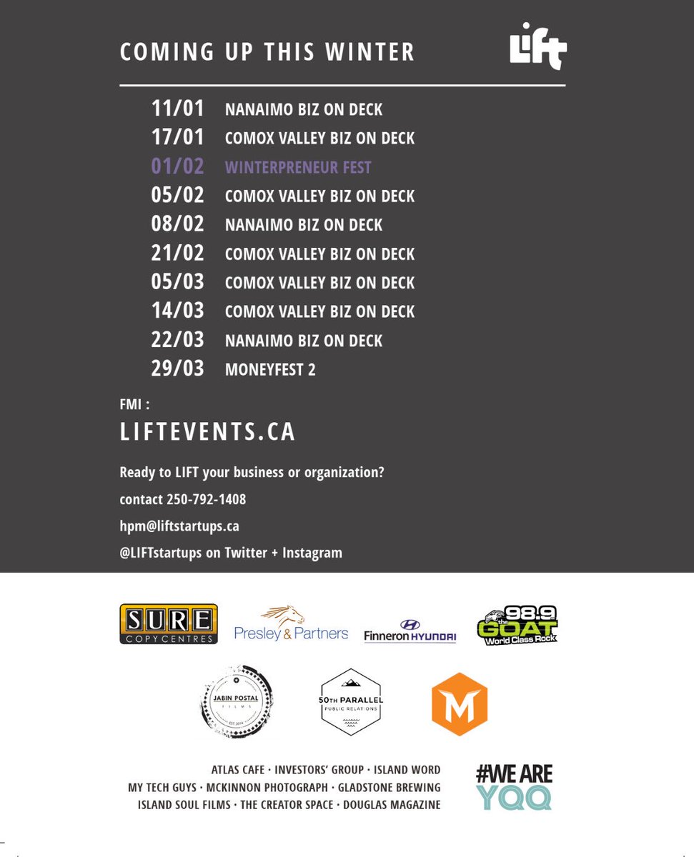LIFTstartups's tweet photo. Winterpreneur events with LIFT Startups. Tickets at https://t.co/1b6TceHtNB
Thanks to support from LIFT Solution Sponsors and Community Partner π
#WeAreVanIsl #MakingShiftHappen #LIFTstartups https://t.co/eQh1k0TSrH